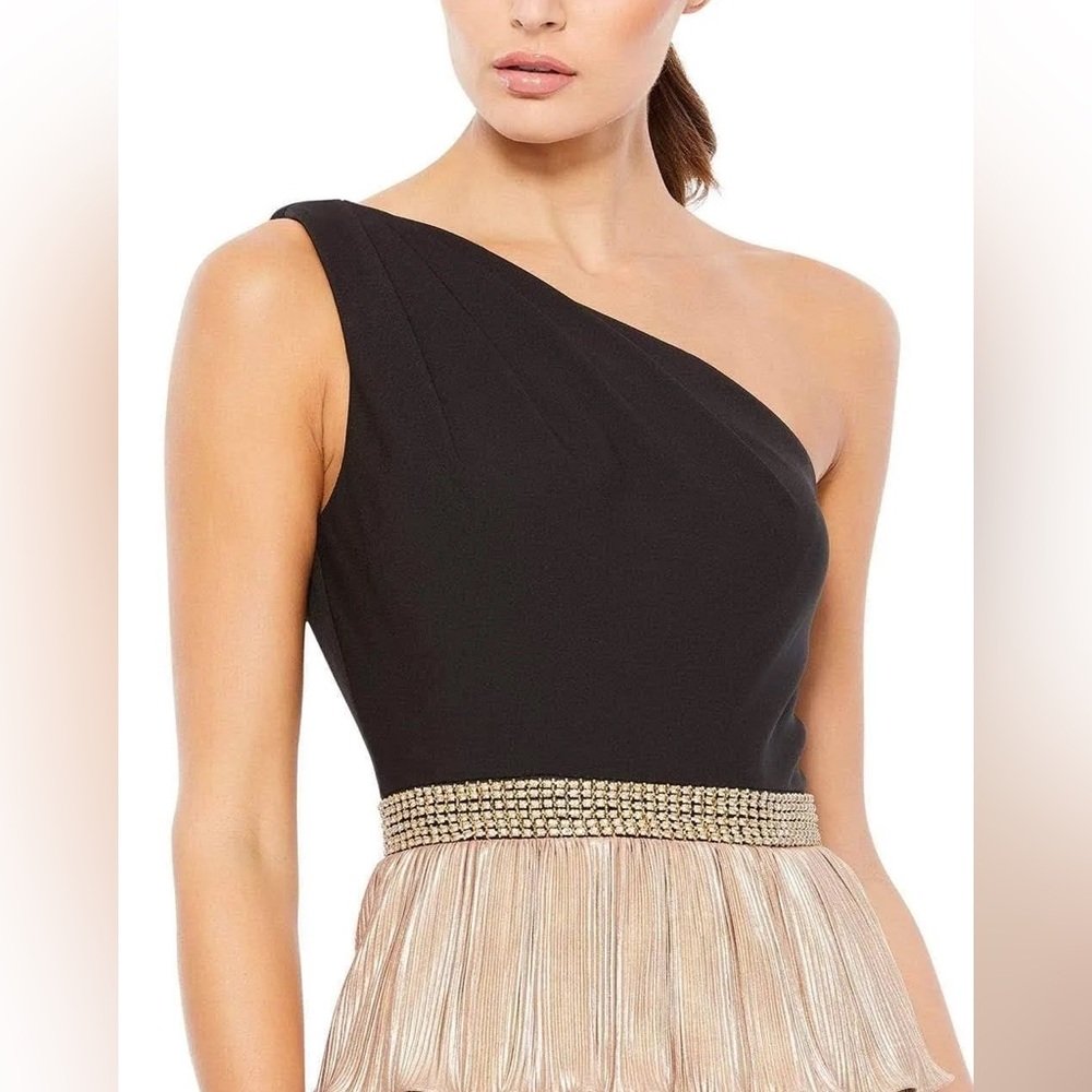 Mac Duggal Ieena One Shoulder Tiered Pleated Gown Black Gold Size 0 NWT - Picture 12 of 14